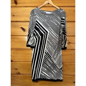 Calvin Klein Women’s Black White Striped 3/4 Sleeve Stretch Shift Dress Size 8